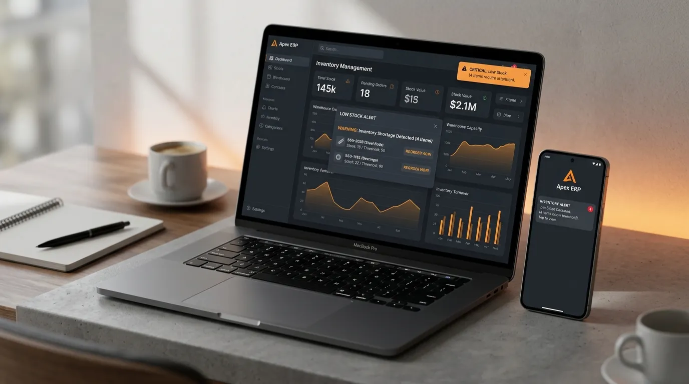ERP stock alert software showing low inventory warning on laptop and phone